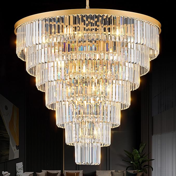 Large Crystal Chandelier Modern Gold 36" Round Chandeliers for Staircase 22 Lights 7-Tier Luxury K9 Crystal Ceiling Pendant Light Fixture for High Ceiling Living Room Foyer