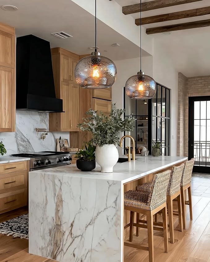 Glass Pendant Light, Clear Black Seeded, Brushed Nickel | HandBlown Ceiling Hanging Fixtures Dimmable Kitchen Island Sink Bar,Adjustable Cord,Lamp 8.7 Inch D