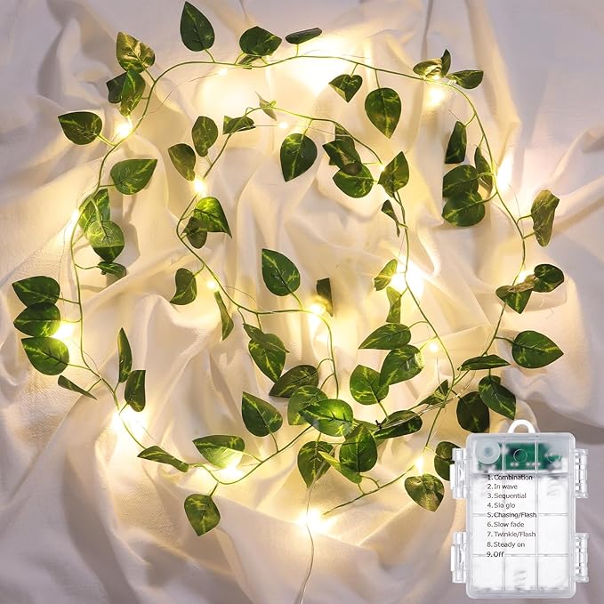 Vines with Lights Battery Operated, 6.56ft 20 LED Pothos with Fairy Lights, Leaf Lights with 8 Modes, Fake Vines Ivy String Lights for Bedroom, Wall, Room, Garden, Party Decor, 1 Pack