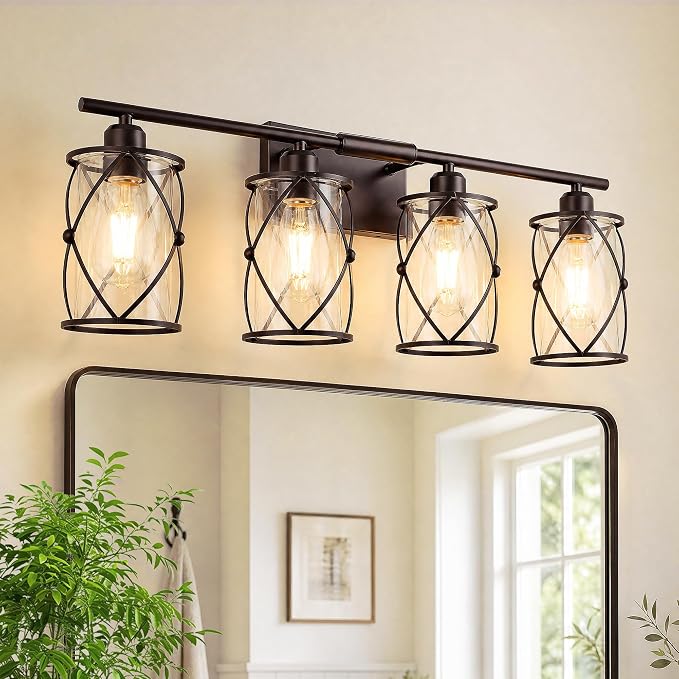 4-Light Oil Rubbed Bronze Bathroom Light Fixtures Over Mirror, 29" UL-Listed Modern Farmhouse Wall Sconce Lights with Clear Glass and Metal Cage for Bath, Hardwire E26, CH9176ORB-4W