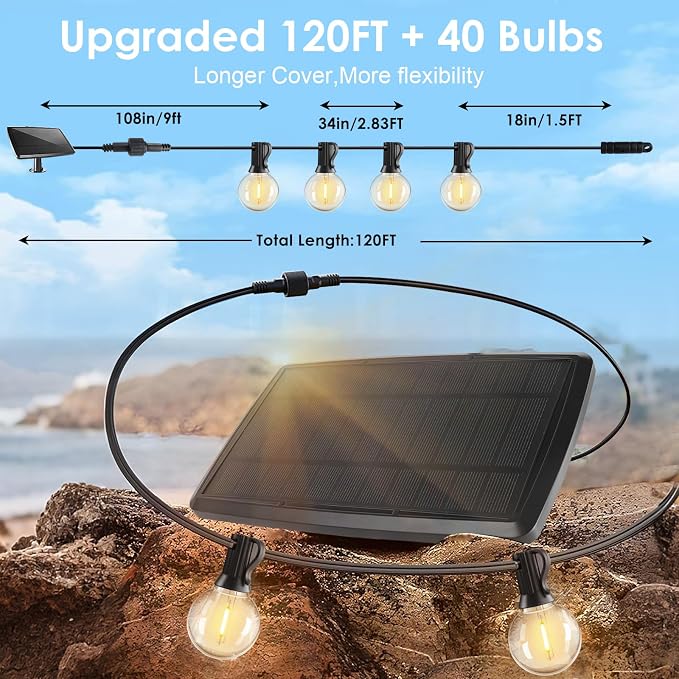 Yusist 120FT Solar String Lights Outdoor Waterproof with Remote, G40 Solar Powered String Lights with 40+2 LED Shatterproof Bulbs, Dimmable Solar Patio Hanging Lights for Outside Backyard Party