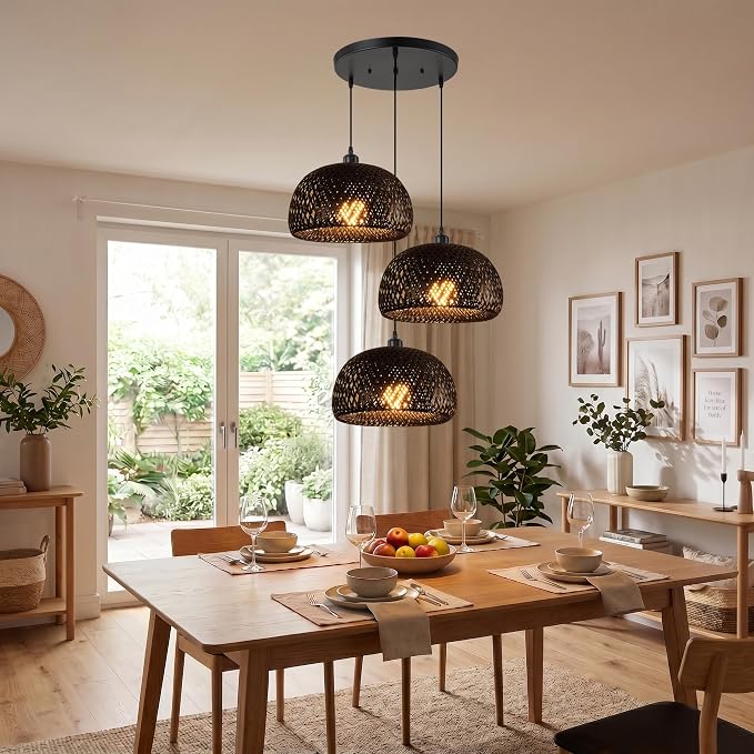 Black Bamboo 3 Light Fixtures Cluster Rattan Pendant Light Hand Woven Wicker Chandelier Boho Ceiling Hanging Light for Kitchen Stairway Hallway Dining Room Foyer