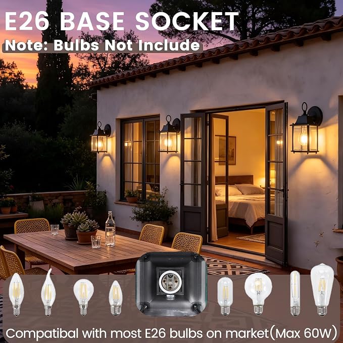 Outdoor Light Fixture, Classic Die-Cast Aluminum & Tempered Glass Porch Light for House, E26 Base (60W Max) Waterproof Wall Lantern for Front Door Garage Garden, ETL Qualified, Black, 1 Pack
