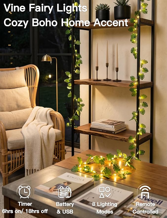 33FT Monstera Vines with Lights Battery & USB Powered Copper Wire | 100Led Leaves String Lights with Remote,Artificial Plants for Indoor, Bedroom,Wall,Party Tropical,Dorm Decor(Warm White)