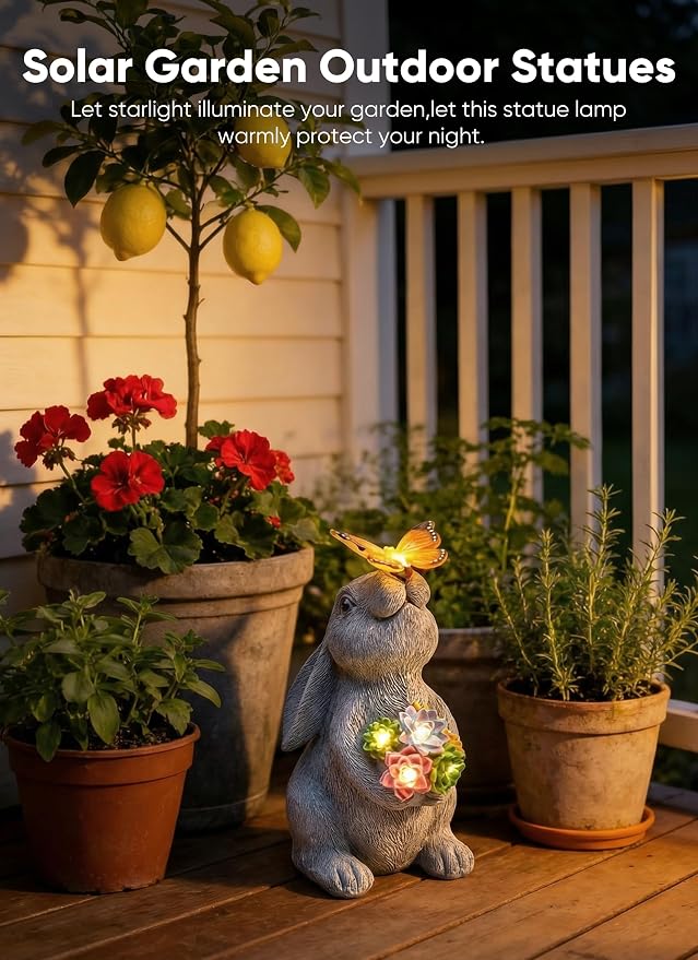 Brightown-Solar-Rabbit-Garden-Decor-Statue with 6 LED Lights, Hand-Painted Resin, IP65 Waterproof Outdoor Decor for Patio, Lawn & Yard Decorations, Unique Mothers Day Gifts for Mom Women