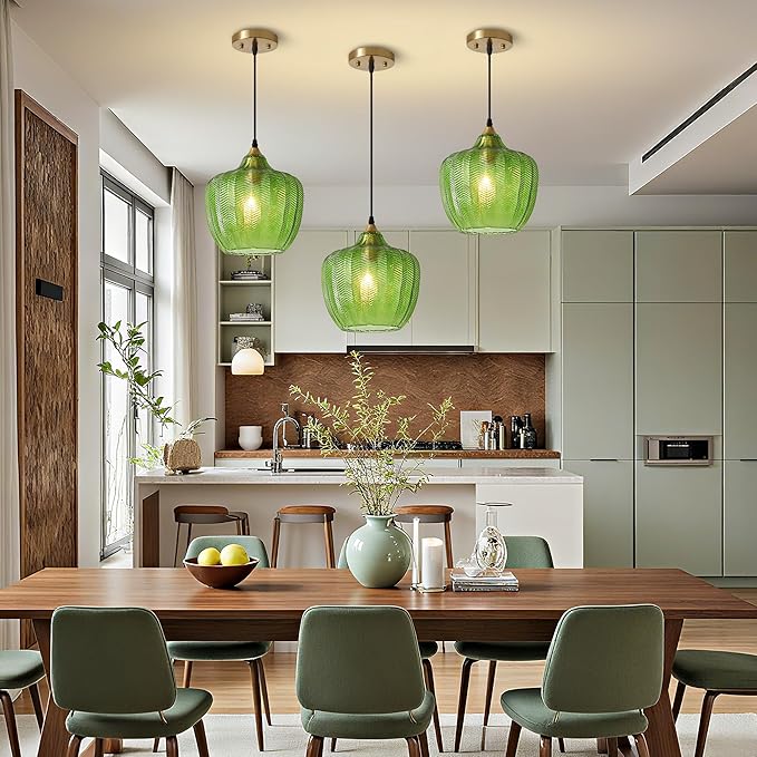 Modern Gold Pendant Light, Green Glass Farmhouse Kitchen Island Pendant Light Fixture Adjustable Vintage Hanging Ceiling Light for Dining Room Corridor 9.45 inch 1 Pack, UL Certification