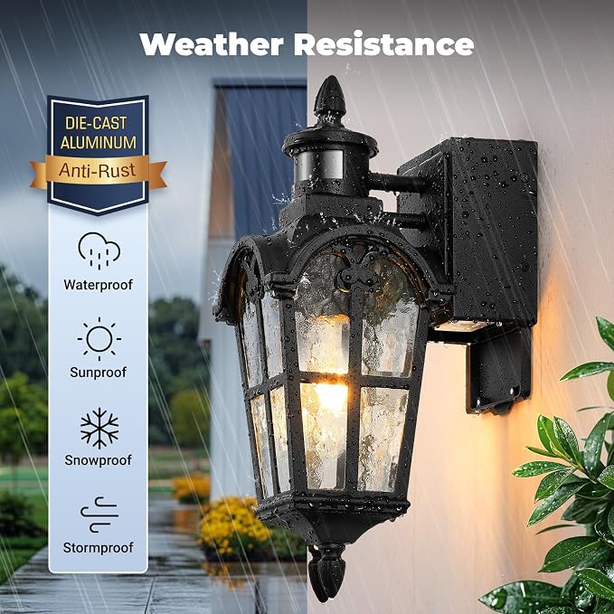 Motion Sensor Outdoor Lights with GFCI Outlet, 16.4" H Black Porch Light Outdoor, Dusk to Dawn Outside Lighting for House, Aluminum Anti-Rust Outside Light Fixtures Wall Mount for Garage Patio