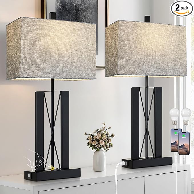 Lolikit 25" Table Lamps Set of 2, Modern Table Lamp for Living Room with 2 USB Charging Ports, Nightstand Geometric Industrial Bedside Lamp with Gray Shade for Bedrooms End Table Decor, Bulbs Included