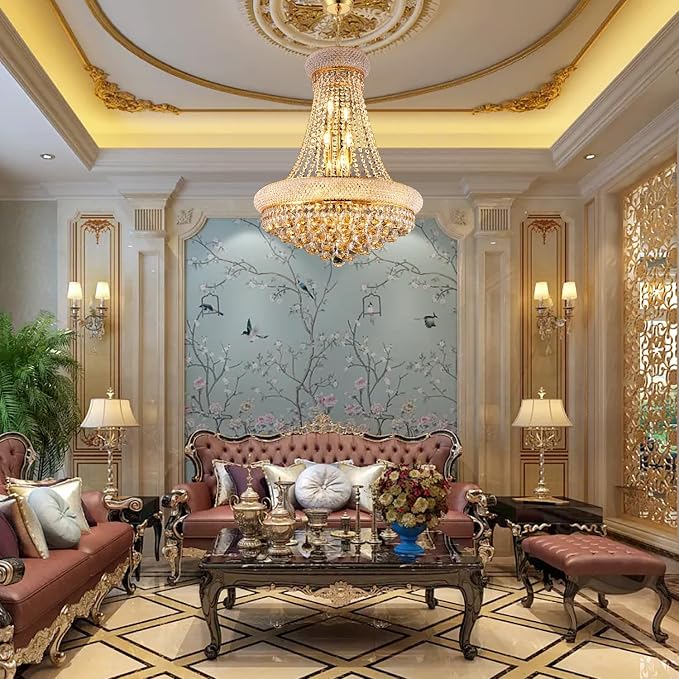 22" W 12-Light Luxury Entrance Chandelier with Unique Empire K9 Crystal Design for High Ceilings, Perfect for Living Rooms and Entryways (Gold)