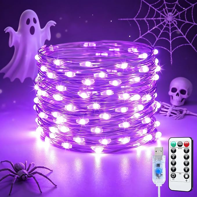 JMEXSUSS USB 100 LED Purple Fairy Lights Plug in | 33Ft, Purple Halloween Lights with Remote, 8 Modes Christmas Lights for Bedroom Tree Indoor Car Decorations