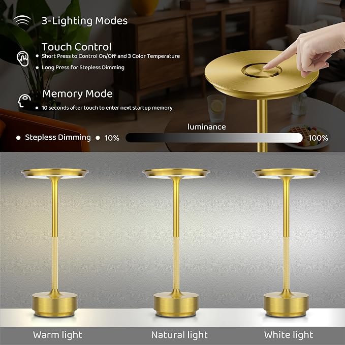 UdoUto Cordless Table Lamp Rechargeable, Gold | 5000mAh Battery Operated, Table Light, Touch Stepless Dimming & 3 Color Modes, Outdoor Lamp for Patio, Restaurant, Bedroom
