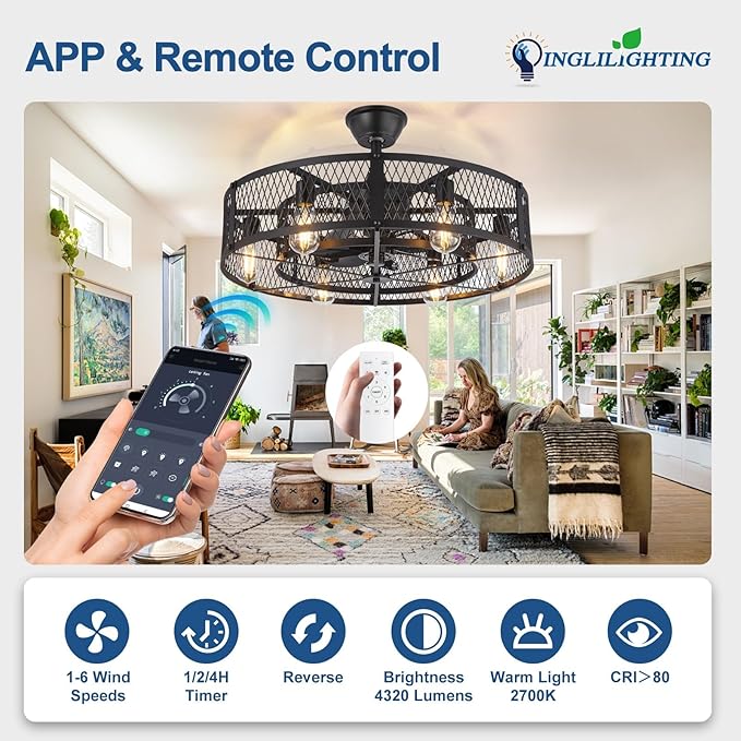 DLLT Caged Ceiling Fan with Lights: 26" Bladeless Fandelier Ceiling Fans with Light and Remote - Black Industrial Chandelier Enclosed Fan Light for Bedroon Living Dining Room Kitchen