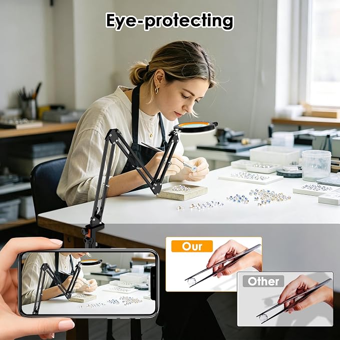 12X Magnifying Glass with Light and Stand Hands Free, Long Swing Arm Lighted Magnifier Lamp for Close Work, Dimmable Desk Magnifying Light with Clamp for Soldering Craft Jewelry Bench Sewing