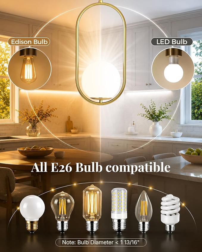 Majade Pendant Lights Kitchen Island, Mid Century Modern Pendant Light Fixtures, Gold Globe Glass Pendant Lighting, Brass Chandelier Adjustable Hanging Light for Dining Room Bathroom Bedroom