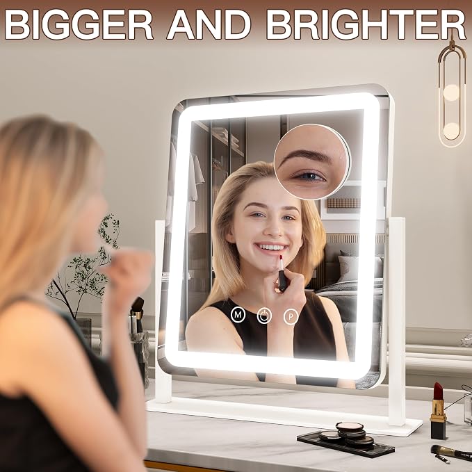 FENNIO Vanity Mirror with Lights - 15"x12.6" LED Lighted Makeup Mirror, Large Makeup Mirror with Lights, Touch Screen with 3-Color Lighting, Dimmable, for Vanity Desk Tabletop, Bedroom