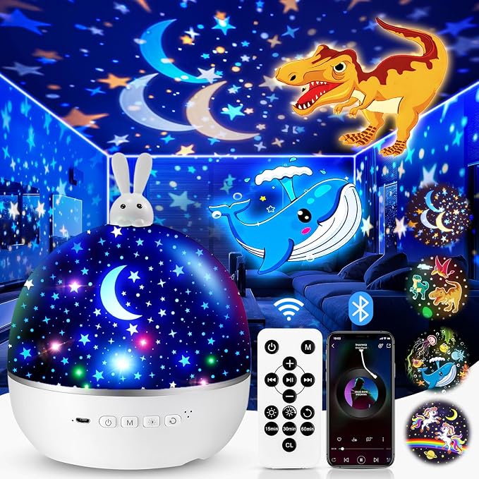 One Fire Dinosaur Night Light Projector, with 15 Films & Bluetooth Music | Remote-Controlled Ocean Projector, Rechargeable Star Night Light for Kids, Sound Machine Dinosaur Gifts for Boys.