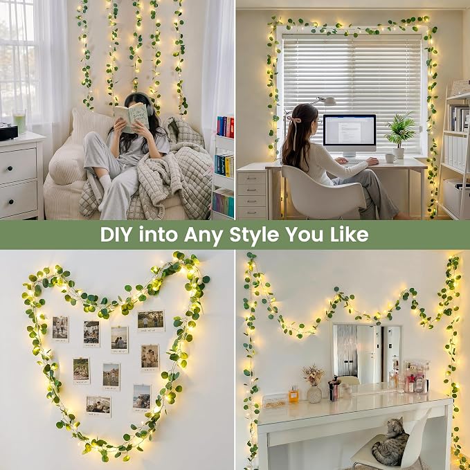 HEYFUNi 23FT Eucalyptus Garland with String Lights, Plug in | 73 Leds, Timer & Memory & 8 Modes, Greenery Eucalyptus Leaf Vine Lights for Bedroom, Wall, Wedding, Party, Summer Dorm Decor