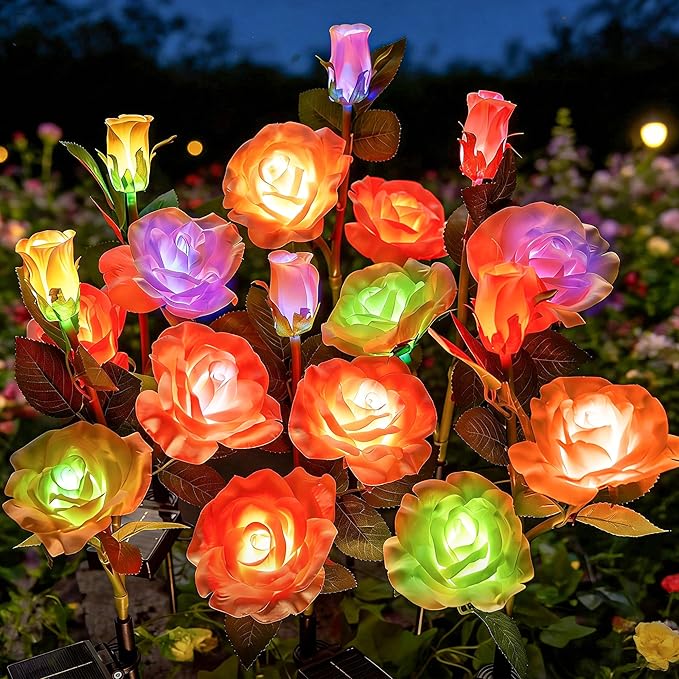 Brightown Solar Garden Lights, 4 Pack 7-Color Changing Rose Flower Lights | Larger & Realistic Rose, Bigger Solar Panel, Waterproof LED Solar Lights Outdoor for Yard Garden Lawn Pathway Decorations