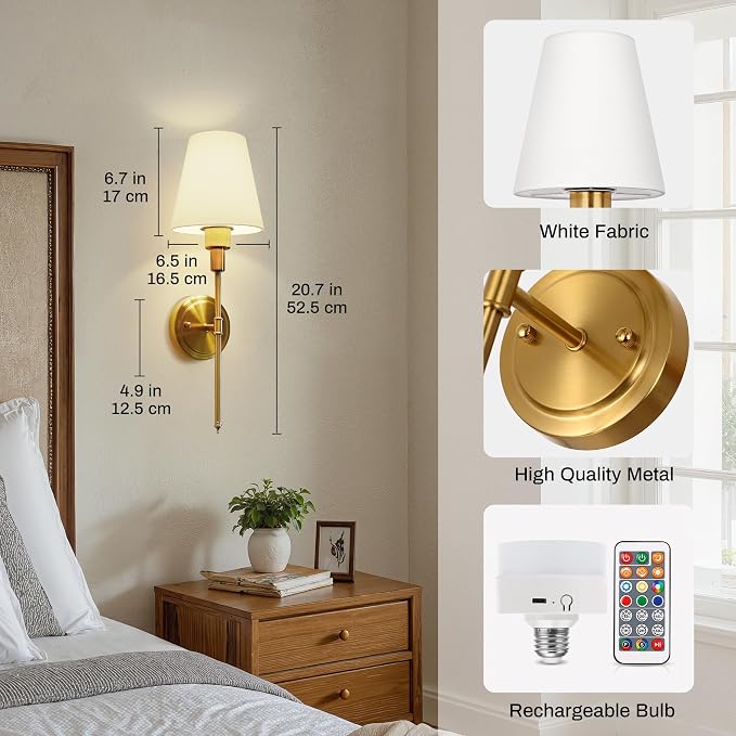 Battery Operated Wall Sconce: Set of 2 Wireless Wall Light 12000mAh | 15 Color Rechargeable Wall Sconces, Sconce Wall Decor Set of 2 for Bedroom, Living Room, Gold 20.7in