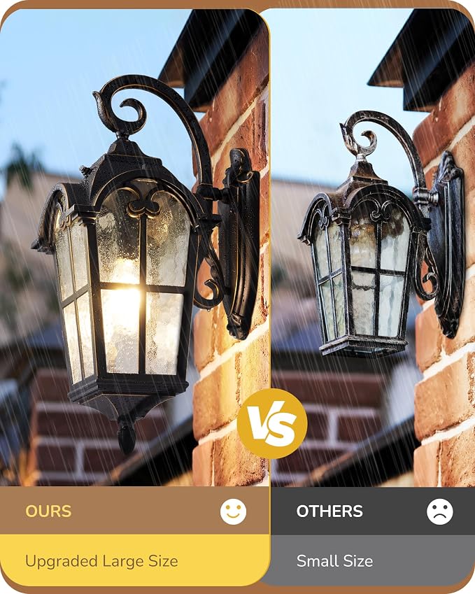 EDISHINE Dusk to Dawn Outdoor Wall Light, Roman Large Size Exterior Lantern Fixtures, E26 Base, Waterproof Porch Lights Wall Mount, Black Outside Wall Sconce, 2 Pack