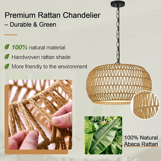 9"-52" Height Adjustable Farmhouse Chandelier Light Fixture, 5-Light Rattan Boho Chandeliers for Dining Room, Hand Woven Pendant Light with Linen Shade, Rustic Hanging Lighting for Kitchen Island