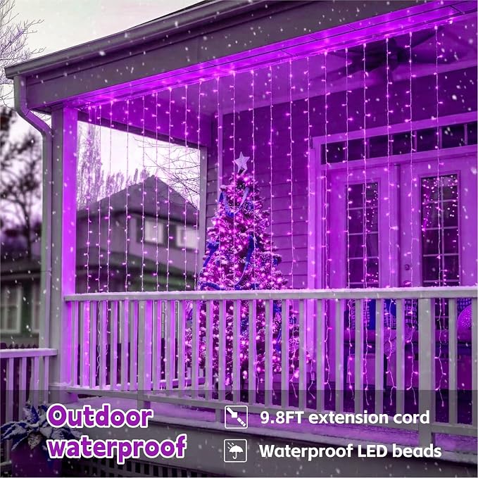Curtain String Light, 200LED 6.6x6.6ft, Remote & 8 Modes, USB | Window Wall Hanging String Lights, For Bedroom, Wedding, Party, Home, Garden and Indoor Decorations, Purple