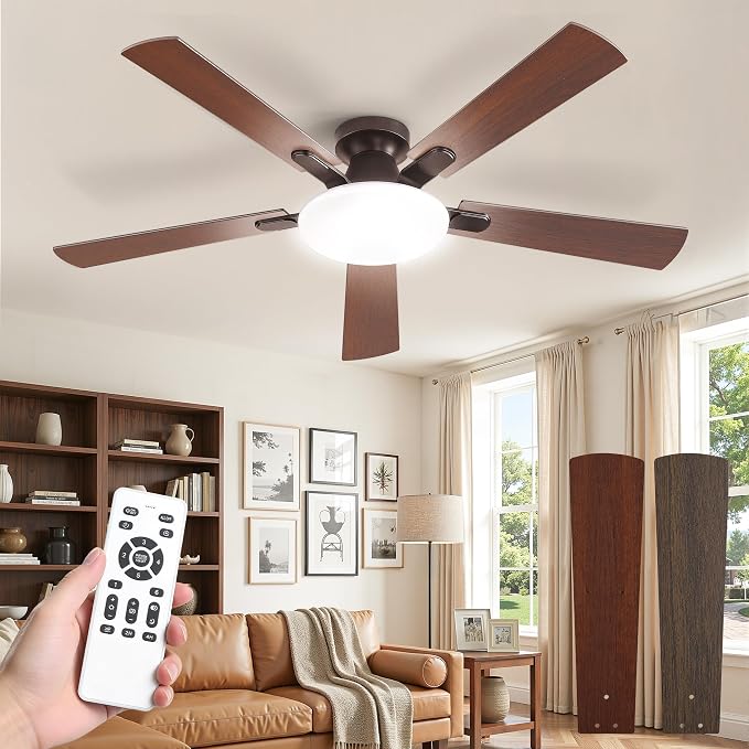 52 Inch Ceiling Fan with Lights and Remote, 30W 12" LED Panel Flush Mount Ceiling Fan, 6-Speed Quiet DC Motor Modern Low Profile Ceiling Fan with Reversible Blades for Bedroom, Living Room, Patio
