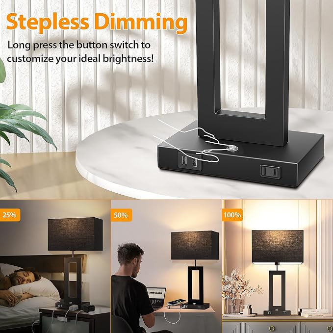 3 Color Temperatures Black Table Lamps for Bedrooms Set of 2, 22’’ Touch Control Bedside Nightstand Lamps with 2 USB Ports & AC Outlet, Modern Lamp Sets for Living Room, Stepless Dimming, Black Shade