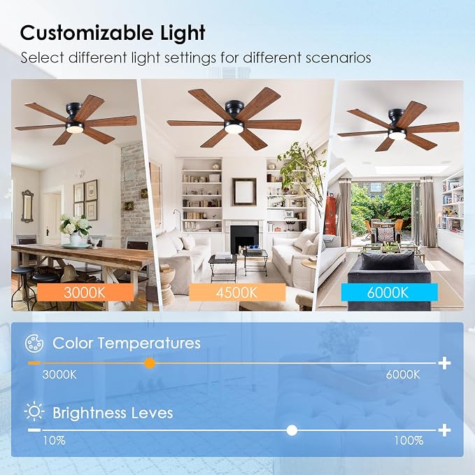 Asyko 46"Brown 6-Blade Modern Low Profile Ceiling Fan with Light and Remote | 6 Double-Sided Blades,6 Wind Speeds, Reversible,Dimmable 3 CCT LED Light, 25W Quiet DC Motor,1/2H Timer,for Bedroom Kitchen