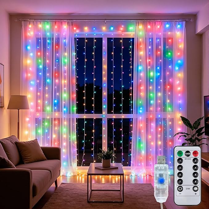 Curtain String Lights Indoor, 300LED 9.8 * 9.8FT USB Plug-in Window Curtain Lights with Timer and 8 Modes, Waterproof Multicolor Curtain Fairy Lights for Bedroom Room Wedding Outdoor Decor