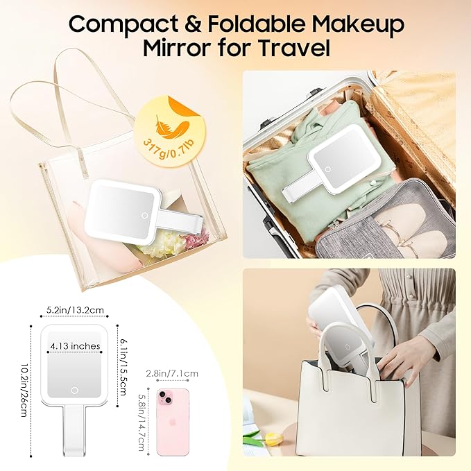Magnifying Travel Makeup Mirror with Lights, Double-Sided 1X/30X Magnifying Mirror, 3 Color Lighting & Brightness Adjustable, Portable &Foldable Handheld Mirror with Lights(10" L x 5" W)