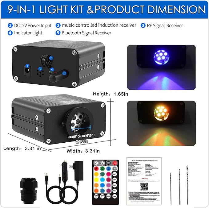 16W Compact Size Fiber Optic Light Box for Starlight Headliner, Twinkle & Music Mode, Control by Bluetooth App/RF Remote Control, Car Plug & Power Adapter, PG Connector & 3 Drill Bits