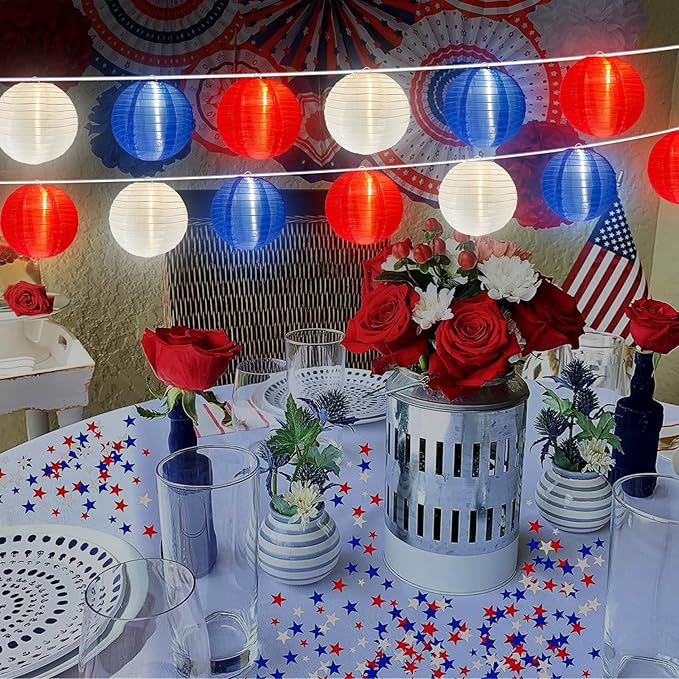 4th of July Decoration Light, 25Ft Red White and Blue Lantern Lights with 11 LED Bulbs (1 Spare Bulbs), Hanging Patriotic Decor Lights for July 4th, Independence Day, Yard, Garden, Memorial Decor