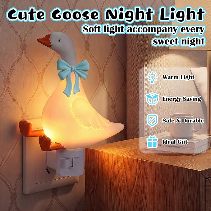 Gerrii Silly Goose Night Light Plug in Blue Bow Decorative LED Night Lights Dusk to DAW Cute Goose Decor for Nursery, Kids Bedroom, Bathroom, Birthday Gift Nightlight