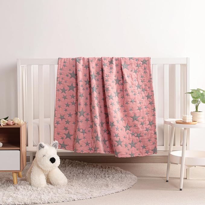 NTBAY 3 Layer Muslin Toddler Blanket, 30 x 40, Red and Black Star | Breathable Muslin Cotton Outer Layers with Light Thermal Fill, Reversible for Stroller, Daycare, Travel, and Supervised Use