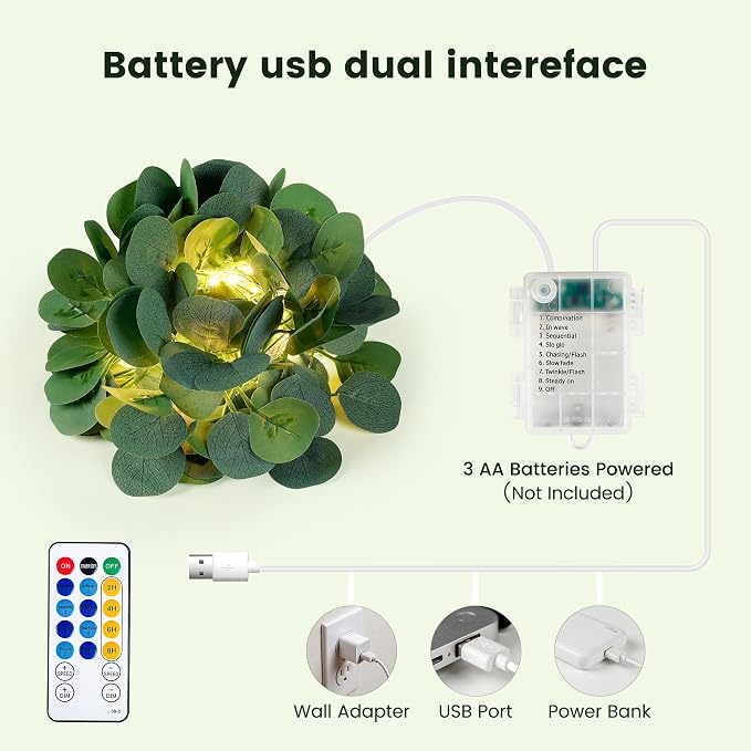 HEYFUNi 13FT Eucalyptus Garland with Lights & Remote， USB & Battery | 40 Warm White LEDs, Fake Eucalyptus Vine with Fairy Lights, Timer, 8 Modes, Dimmable For Bedroom Wall, Dorm, Wedding Decor