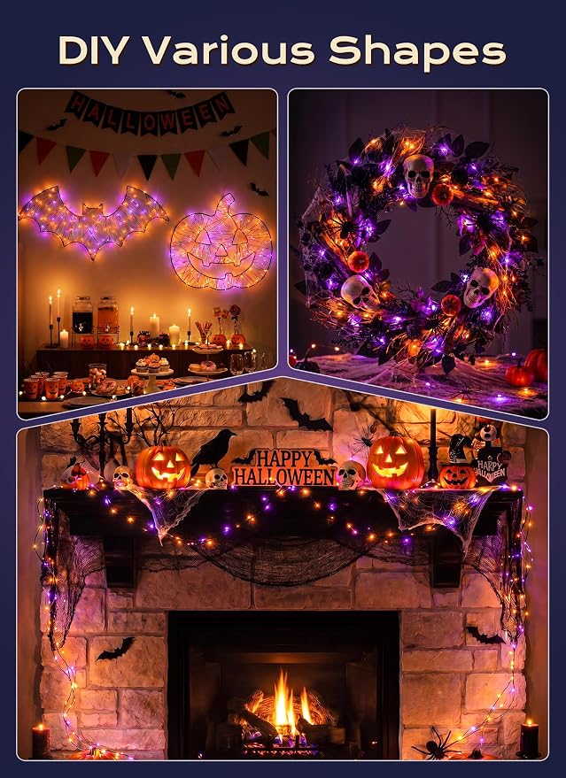 Halloween Fairy Lights Plug in, 33Ft 100LEDs Halloween String Lights, Waterproof Flexible Black Wire String Lights for Home Party Haunted House Indoor Outdoor Halloween Decorations, Orange & Purple