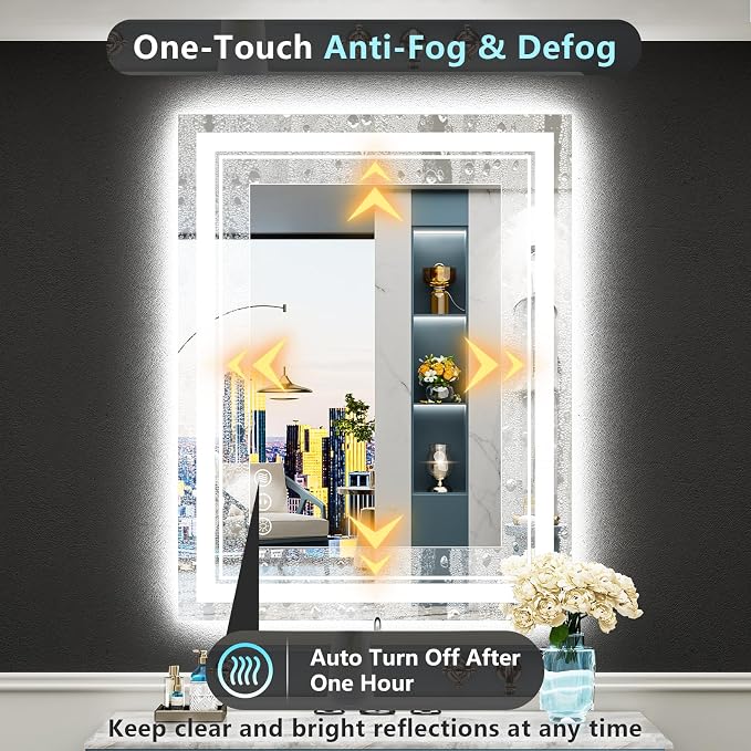 20x28 LED Bathroom Mirror, Backlit & Front Lit Lighted Mirror | Anti-Fog Vanity Mirror with Lights, 3 Color Dimmable, Memory, HD Tempered Glass, CRI95, IP54, UL Listed, Horizontal/Vertical