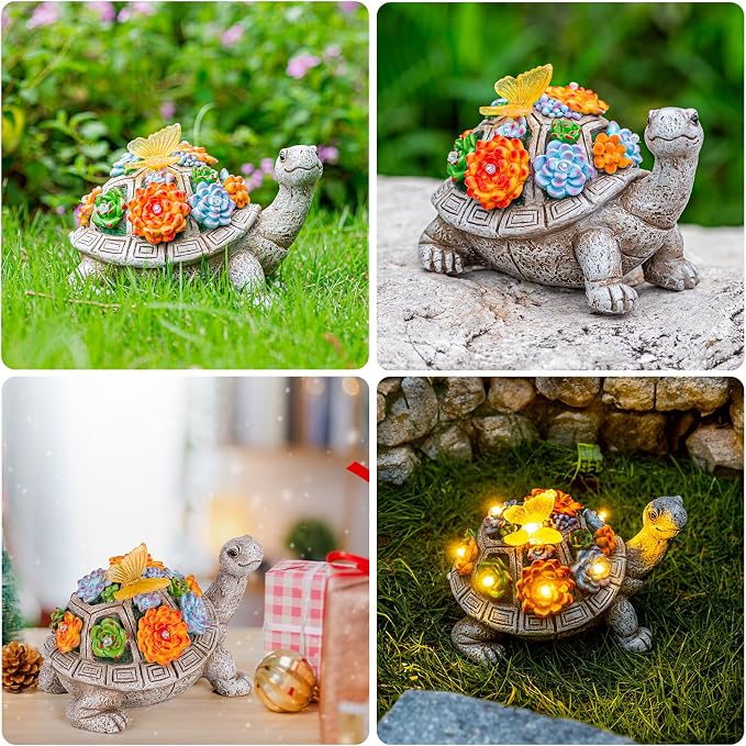 YDKOJGW Solar Garden Outdoor Statues with Succulent and 7 LED Lights - Lawn Decor Tortoise Statue for Patio, Balcony, Yard Ornament - Unique Housewarming Gifts (Gray Turtle)