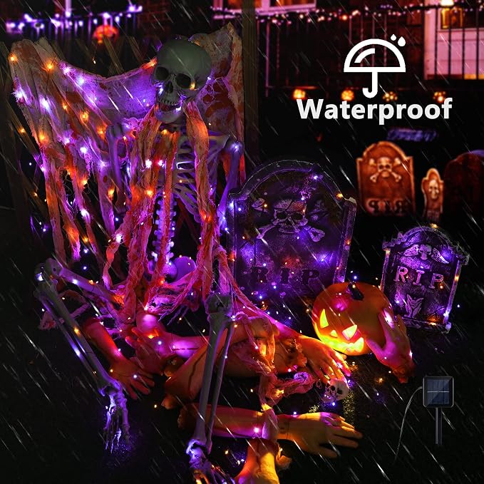 Brizled Outdoor Halloween Lights Orange Purple Solar Halloween Fairy Lights | 2 Pack Total 78FT 240 LED; Black Wire; 8 Modes; Waterproof Spooky Twinkle Lights for Yard Garden Spooky Party Decorations