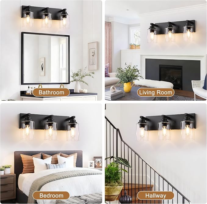 3-Light Matte Black Bathroom Vanity Light, Clear Glass Shade | 18.8" Wall Mount Over Mirror Lighting Fixtures, Durable Metal, Modern Farmhouse Style, for Bathroom, Bedroom, Easy To Install