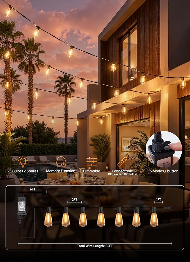 Minetom 55FT Outdoor String Lights with Remote, ST38 Patio Lights Dimmable | Waterproof Connectable LED Christmas Lights with 3 Modes, Shatterproof Outside Lights for Backyard Porch Deck Garden Decor