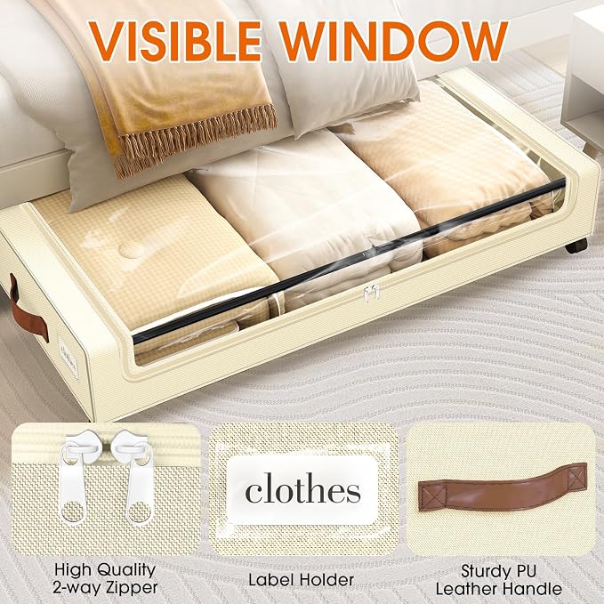 Under Bed Storage with Wheels 2Pack Storage Containers with Clear Window | Under Bed Drawers Rolling Under Bed Storage for Clothes,Shoes, Blankets (30.71 x 16.93 x 6.69 in, Beige)