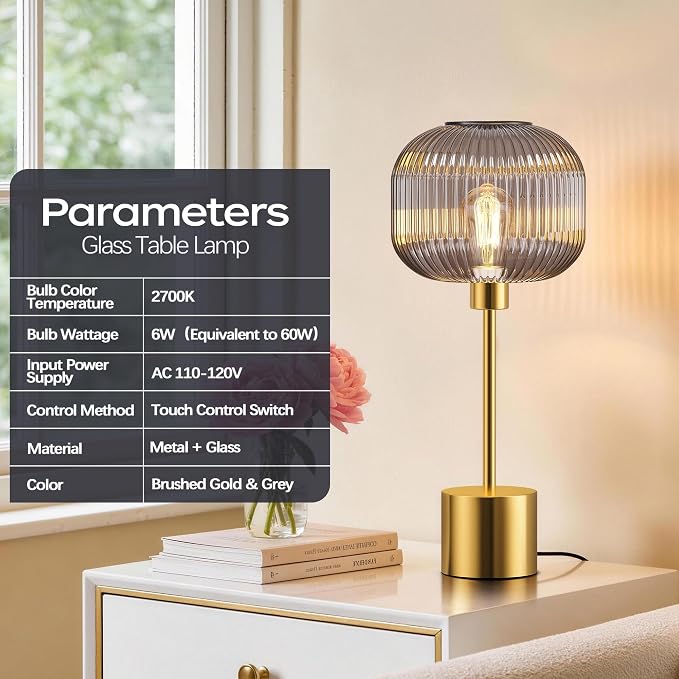 QiMH Glass Table Lamp for Living Room, Modern Bedside Lamp with Grey Ribbed Glass Shade, 3-Way Dimmable Touch Control Nightstand Lamp for Bedroom, Brushed Gold (2700K LED Bulb Included)
