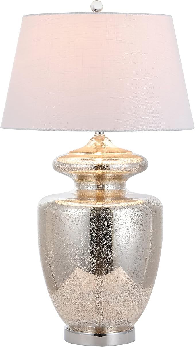 JONATHAN Y Hughes 31" Glass Table Lamp, Mercury Silver/Ivory | Contemporary Urn Bedside Lighting for Living Room, White Linen Drum Shade, Chrome Metal Base, LED Bulb Included