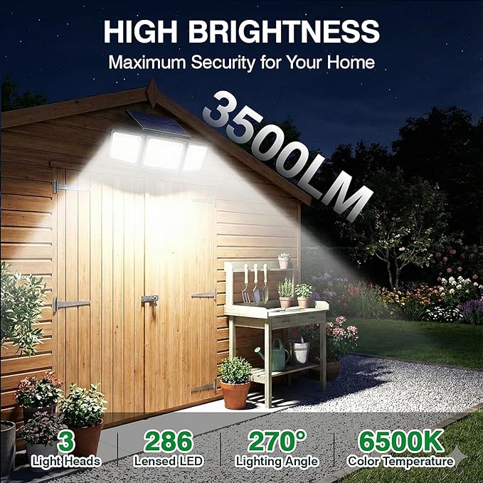 Solar Outdoor Lights Motion Sensor, 3500LM 286 LED Security Flood Lights with Visual Battery & Mode Display, 3 Lighting Modes, IP65 Waterproof 3-Head Wide Angle for Garage, Yard, Patio (4 Pack)