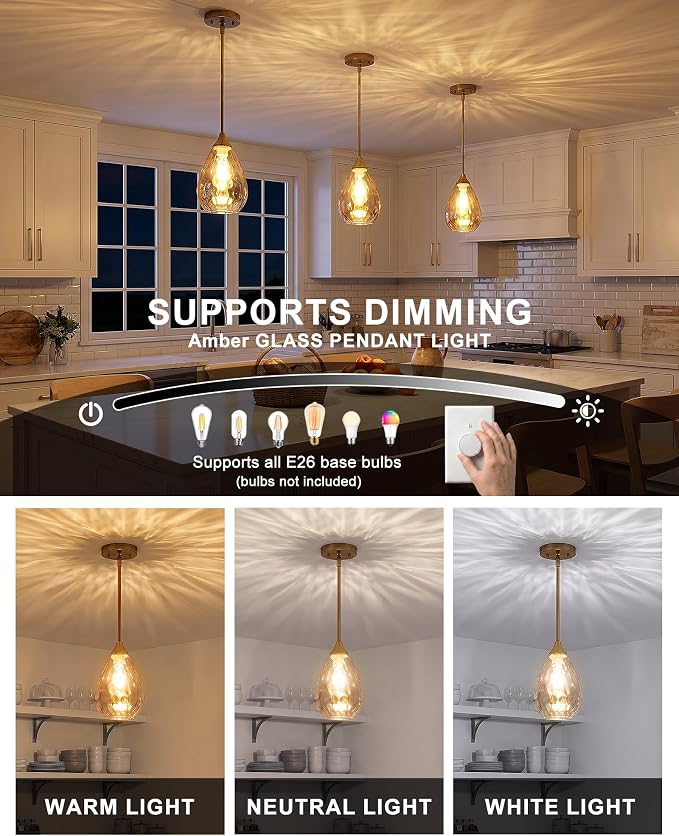 Brushed Gold Pendant Lights Kitchen Island 2 Pack, Modern Glass Pendant Light Fixtures with Amber Hammered Glass and Rods, Adjustable Brass Hanging Light for Kitchen Sink Dining Room Bathroom