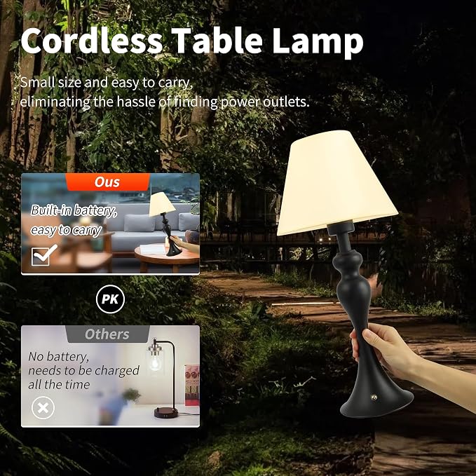 Mr.White Rechargeable Cordless Table Lamp with E26 LED Bulb, 5200mAh Battery Operated Portable Table Light with Fabric Shade, for Patio Restaurant Kitchen Bedside Living Room (Black)