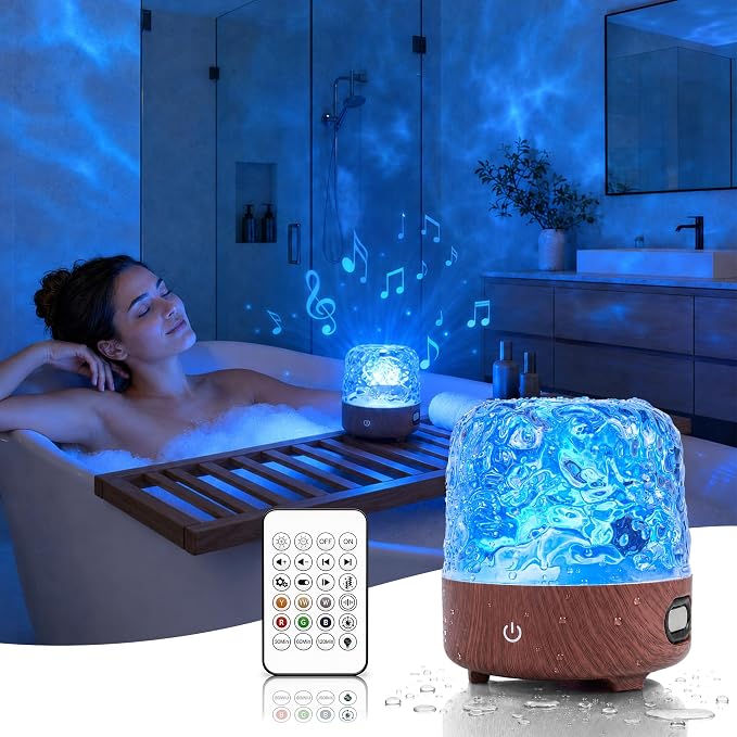 Waterproof Shower Light with Bluetooth Speaker, 16 Colors Shower Lamp with Remote & Touch Control, Rechargeable Ocean Wave Projector Light No Wiring, Mood Lighting for Inside Shower, Bathroom, Bathtub