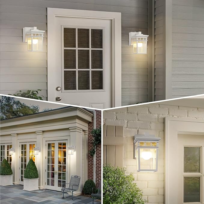 Outdoor Porch Light, Dusk to Dawn Outdoor Wall Lantern with GFCI Outlet | White Waterproof Anti-Rust Exterior Light Fixture with LED Bulb, Outside Sconce Lights for House Garage Patio
